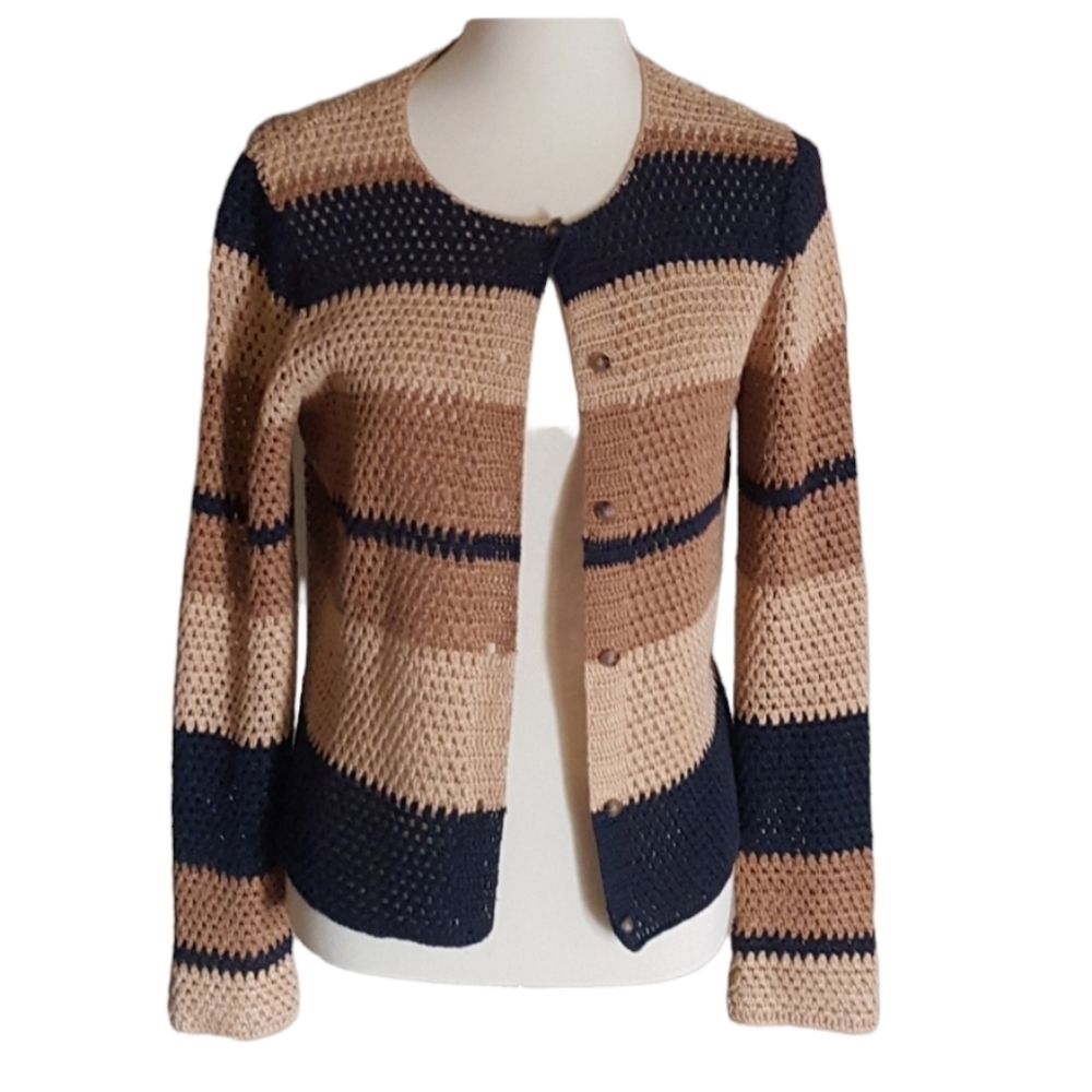 Vintage Jones New York Blue Tan and Camel Striped Hand Knit Linen Cardigan